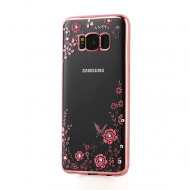 Прозрачный чехол с цветами и стразами для Samsung G955 Galaxy S8 Plus с глянцевым бампером Розовый золотой/Розовые цветы