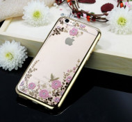 Прозрачный чехол с цветами и стразами для Apple iPhone 6/6s plus (5.5") с глянцевым бампером Золотой/Розовые цветы