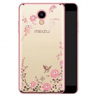 Прозрачный чехол с цветами и стразами для Meizu M5 с глянцевым бампером Розовый золотой/Розовые цветы